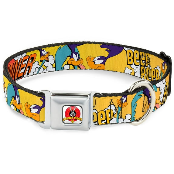 Looney Tunes Pet Collar, Dog Collar Metal Seatbelt Buckle, Road Runner Road Runner Poses Orange, 15 to 24 Inches 1.0 Inch Wide