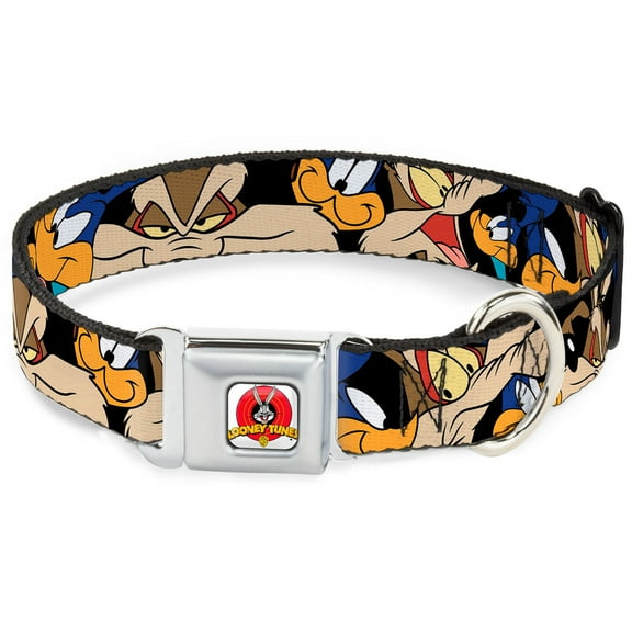 Looney Tunes Pet Collar, Dog Collar Metal Seatbelt Buckle, Road Runner Wile E Coyote Expressions Stacked Black, 13 to 17 Inches 1.5 Inch Wide