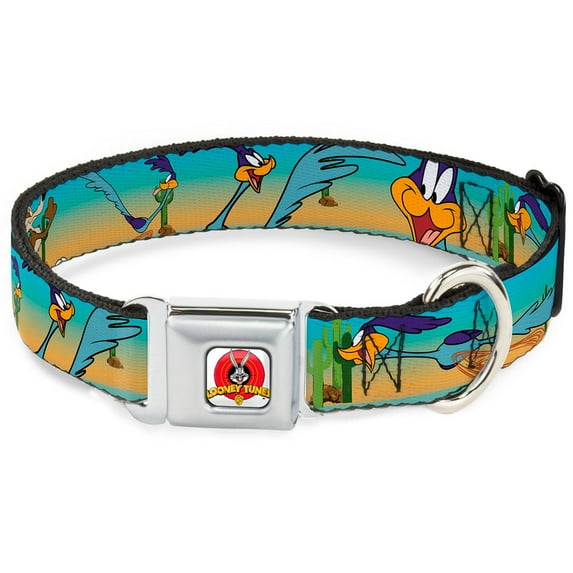 Looney Tunes Pet Collar, Dog Collar Metal Seatbelt Buckle, Road Runner Wile E Coyote Scene Desert, 20 to 31 Inches 1.5 Inch Wide