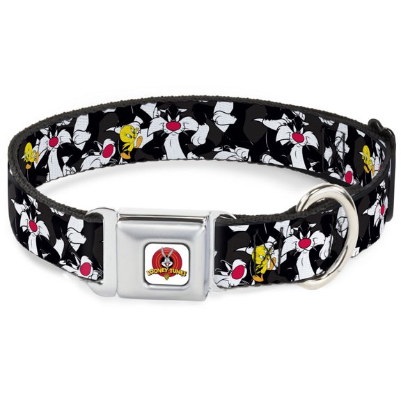 Looney Tunes Pet Collar, Dog Collar Metal Seatbelt Buckle, Sylvester And Tweety Poses Scattered Charcoal, 9.5 to 13 Inches 1.0 Inch Wide