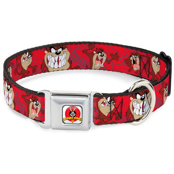 Looney Tunes Pet Collar, Dog Collar Metal Seatbelt Buckle, Tasmanian Devil Expressions Red Swirl, 15 to 24 Inches 1.0 Inch Wide