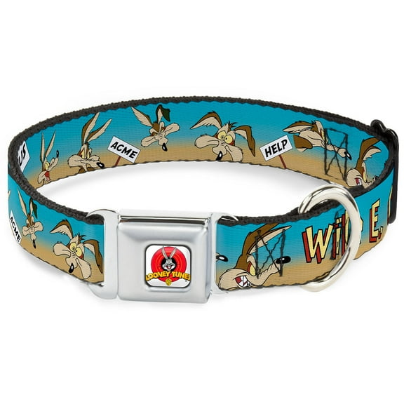 Looney Tunes Pet Collar, Dog Collar Metal Seatbelt Buckle, Wile E Coyote Expressions Signs Desert, 16 to 23 Inches 1.5 Inch Wide