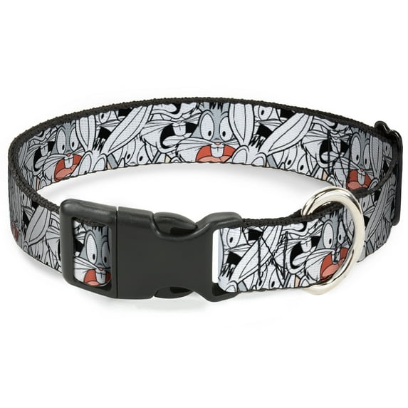 Looney Tunes Pet Collar, Dog Collar Plastic Buckle, Bugs Bunny Expressions Stacked White Black Gray, 15 to 24 Inches 1.0 Inch Wide