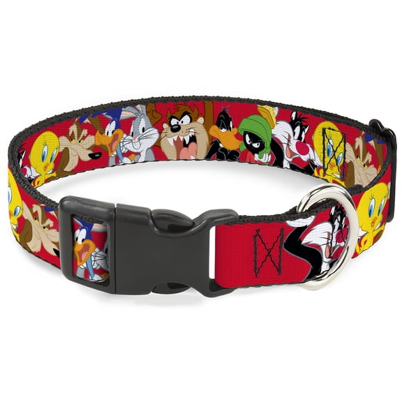 Looney Tunes Pet Collar, Dog Collar Plastic Buckle, Looney Tunes Eight Character Faces Red, 15 to 24 Inches 1.0 Inch Wide