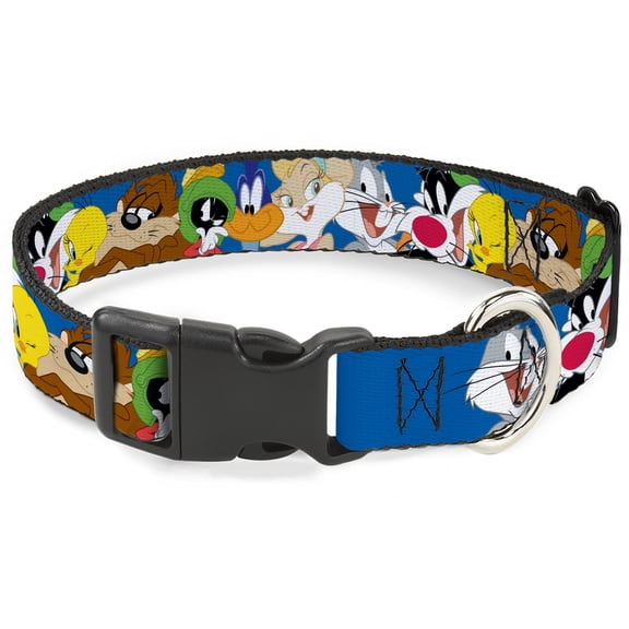 Looney Tunes Pet Collar, Dog Collar Plastic Buckle, Looney Tunes Seven Character Faces Stacked Blue, 9.5 to 14.5 Inches 0.5 Inch Wide