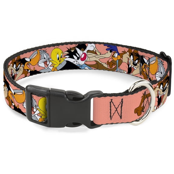Looney Tunes Pet Collar, Dog Collar Plastic Buckle, Looney Tunes Seven Character Poses Stacked Peach, 15 to 24 Inches 1.0 Inch Wide