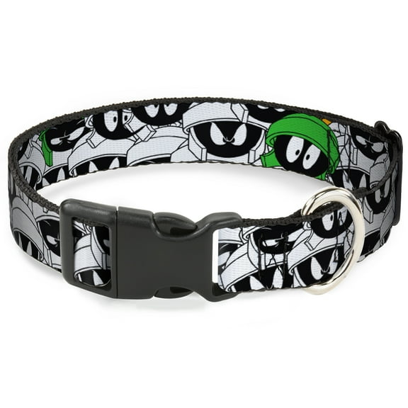 Looney Tunes Pet Collar, Dog Collar Plastic Buckle, Marvin the Martian Expressions Stacked White Black Green Gold, 7 to 8.5 Inches 0.5 Inch Wide