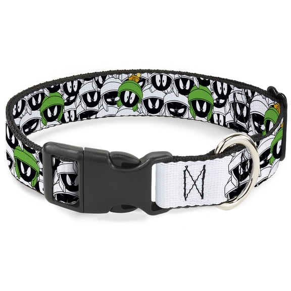 Looney Tunes Pet Collar, Dog Collar Plastic Buckle, Marvin the Martian Faces Stacked White Black Full Color, 9.5 to 13 Inches 1.0 Inch Wide