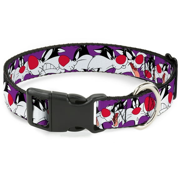 Looney Tunes Pet Collar, Dog Collar Plastic Buckle, Sylvester The Cat Expressions Purple, 20 to 31 Inches 1.5 Inch Wide