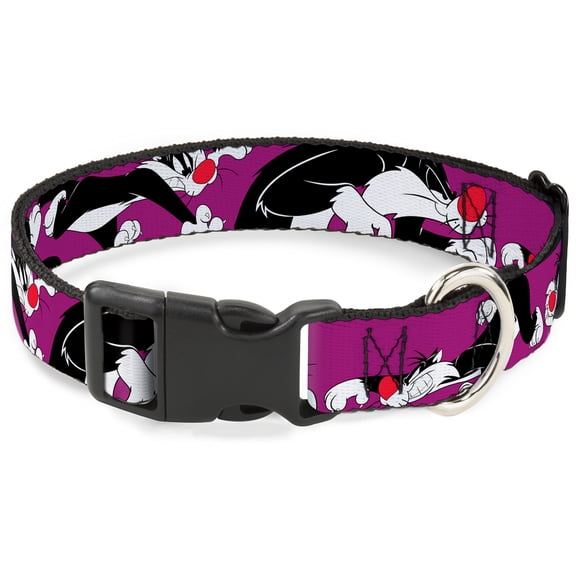 Looney Tunes Pet Collar, Dog Collar Plastic Buckle, Sylvester The Cat Poses Purple, 11 to 16.5 Inches 1.0 Inch Wide