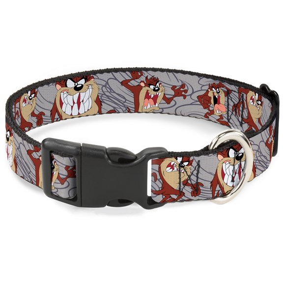 Looney Tunes Pet Collar, Dog Collar Plastic Buckle, Tasmanian Devil Expressions Gray Swirl, 9.5 to 14.5 Inches 0.5 Inch Wide
