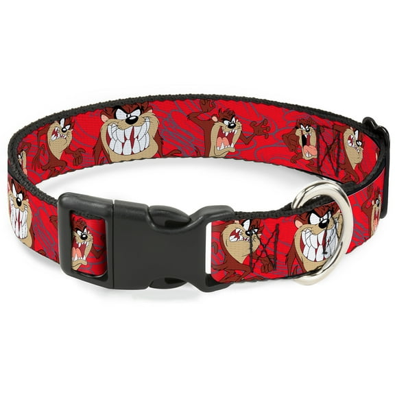 Looney Tunes Pet Collar, Dog Collar Plastic Buckle, Tasmanian Devil Expressions Red Swirl, 13 to 17 Inches 1.5 Inch Wide