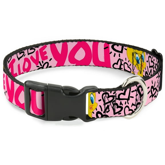 Looney Tunes Pet Collar, Dog Collar Plastic Buckle, Tweety Bird I Love You Pink Black, 15 to 24 Inches 1.0 Inch Wide