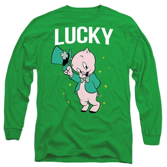 Looney Tunes Porky Pig St. Patrick's Lucky Unisex Adult Long-Sleeve T Shirt (X-Large) Kelly Green