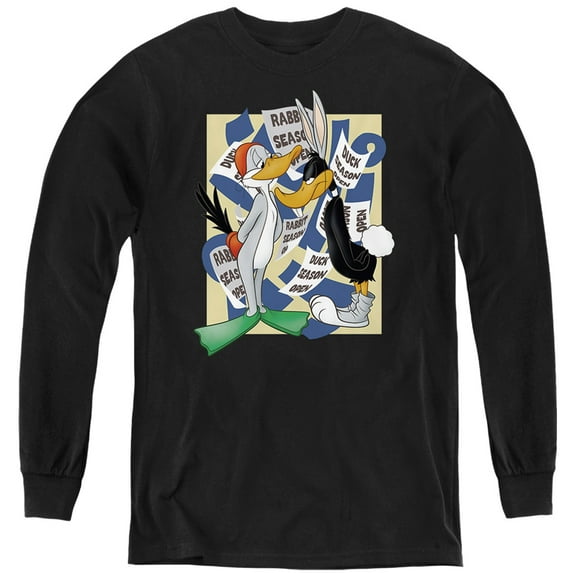 Looney Tunes Rabbit Season Duck Season Kids Long Sleeve T Shirt (X-Large) for Youth Boys and Girls, Black