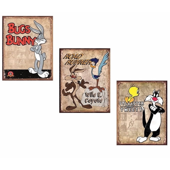 Desperate Enterprises Set of 3 Looney Tunes Tin Wall Signs Featuring Bugs Bunny Road Runner Wile E Coyote Tweety and Sylvester Retro Metal Dcor