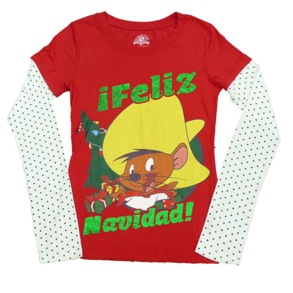 Looney Speedy Long Feliz Red Gonzales Sleeve Medium Navidad T-Shirt Tunes Womens