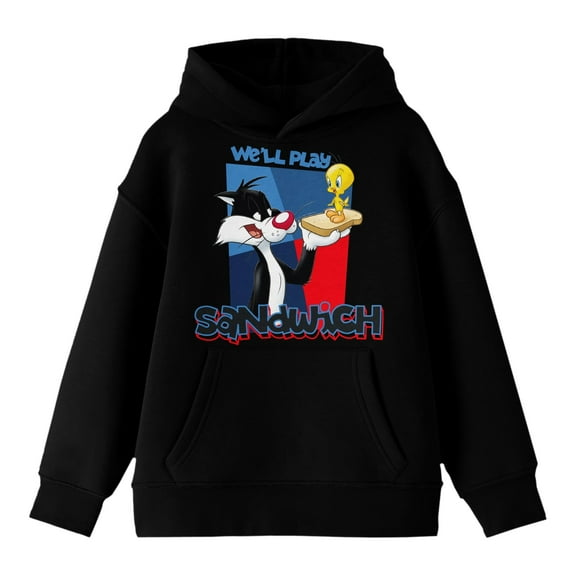 Looney Tunes Sylvester And Tweedy We'll Play Sandwich Graphic Boy's Black Hoodie-Medium