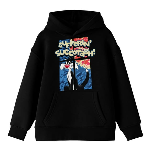 Looney Tunes Sylvester Sufferin' Succotash! Youth Black Graphic Hoodie-Medium