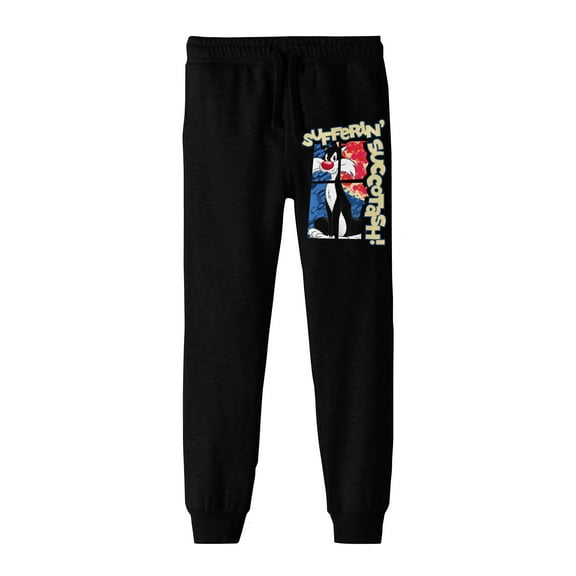 Looney Tunes Sylvester Sufferin' Succotash! Youth Black Graphic Jogger Pants-Medium