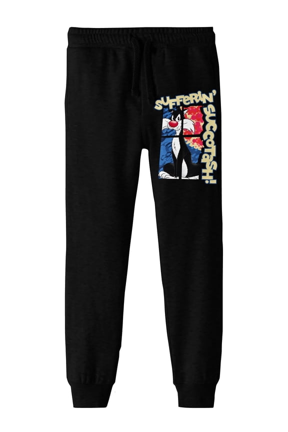 Looney Tunes Sylvester Sufferin' Succotash! Youth Black Graphic Jogger Pants-Medium
