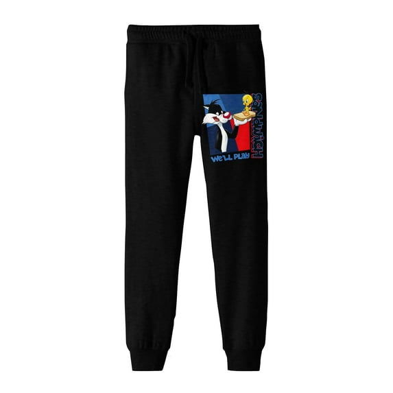 Looney Tunes Sylvester and Tweety We'll Play Sandwich Youth Black Graphic Jogger Pants-Medium