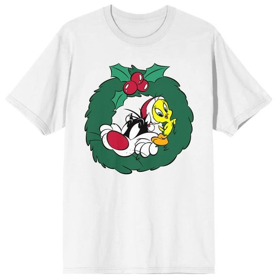 Looney Tunes Sylvetster And Tweety Christmas Wreath Crew Neck Short Sleeve Women's White T-shirt-Medium