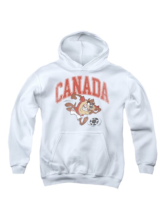 Taz Canada Soccer Youth Kids Boy/Girls Pull-Over Hoodie, White, Medium