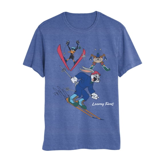 Looney Tunes Taz, Daffy and Bugs Bunny Skiing Mens and Womens Short Sleeve T-Shirt (Royal, S-XXL)