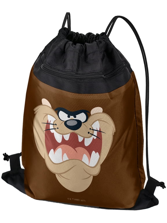 Looney Tunes Taz Face Drawstring Backpack Sports Bag Sackpack 17" x 13", Perfect for Gym, Yoga or Practice