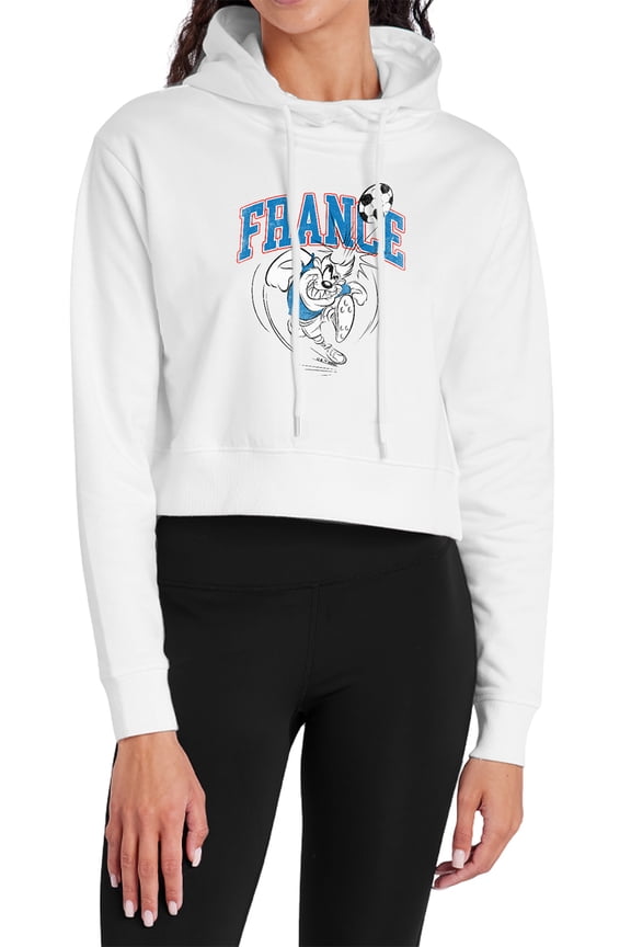 Taz France Soccer Women's Cropped Hoodie Pullover Sweatshirt, White, Medium