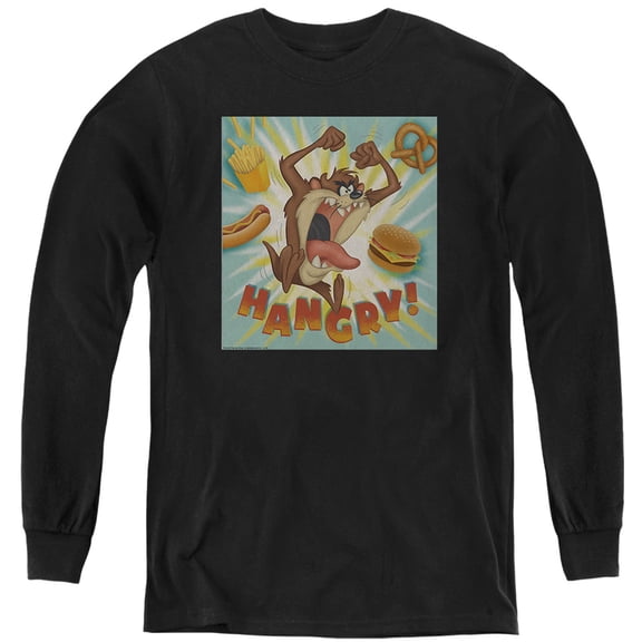 Looney Tunes Taz Hangry Kids Long Sleeve T Shirt (X-Large) for Youth Boys and Girls, Black