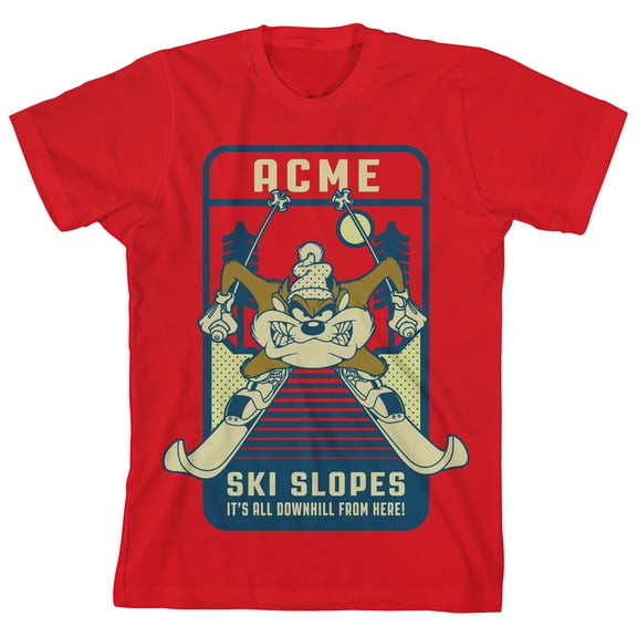 Looney Tunes Taz Skiing with ACME Ski Slopes Men's Red Graphic Tee-Medium