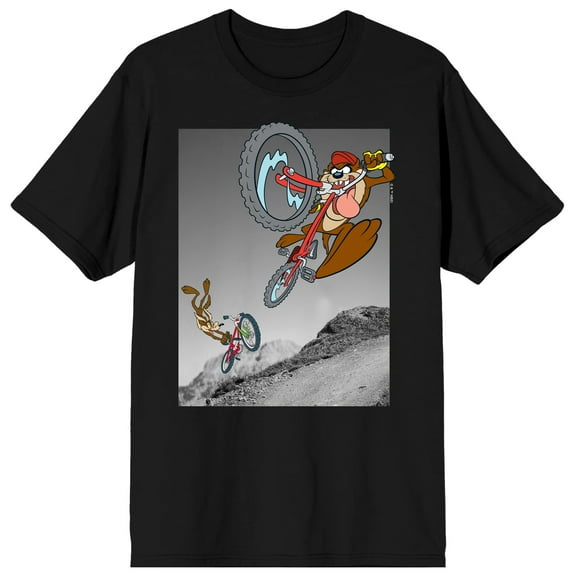 Looney Tunes Taz & Wile E. Coyote Riding Bikes Adult Black Crew Neck Short Sleeve T-shirt-3XL
