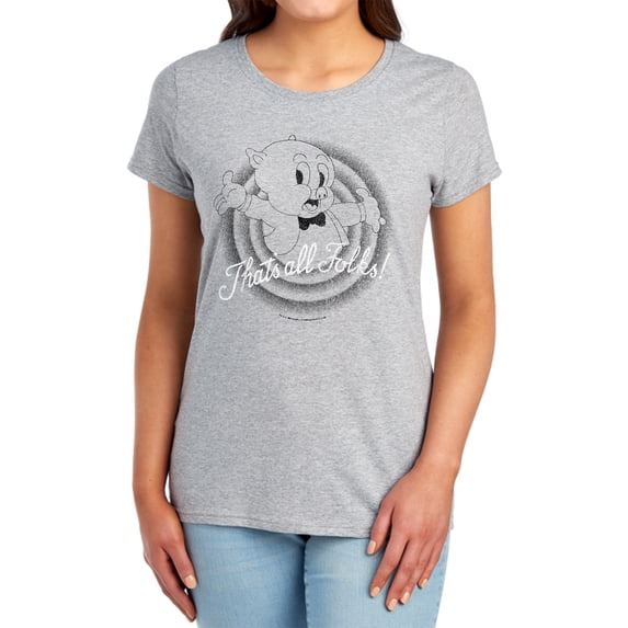 Looney Tunes Thats All Folks Women's T Shirt, Athletic Heather, Medium