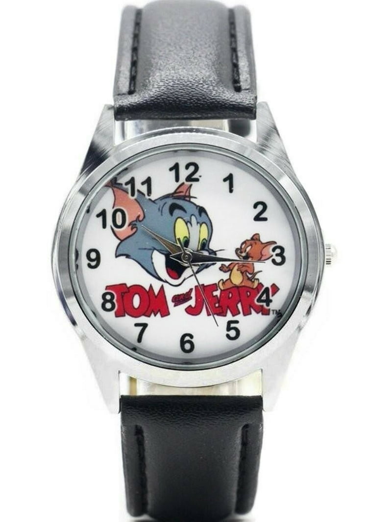 時計 Jerry Looney Tunes Tom and Jerry Characters Logo Black Leather Band
