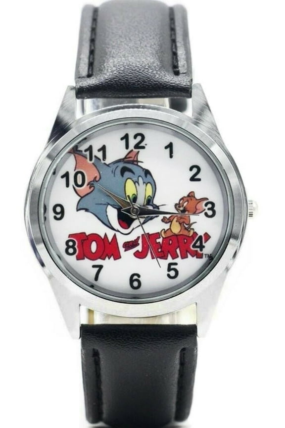 Looney Tunes Tom and Jerry Characters Logo Black Leather Band WRIST WATCH