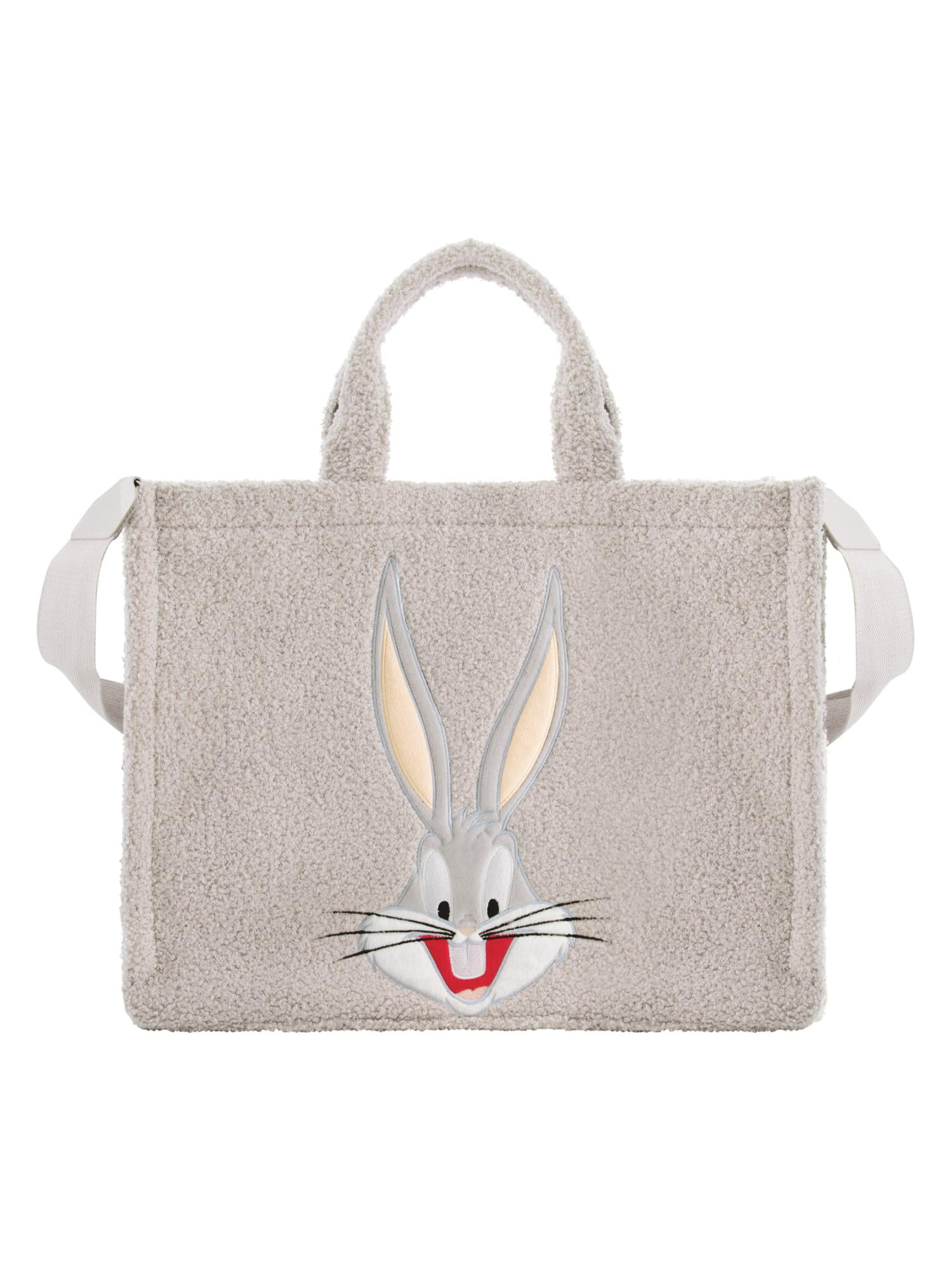 Looney Tunes Tote Bag, Bugs Bunny Faux Fur Travel Handbag with Adjustable Shoulder Strap and Trolley Sleeve, Gray
