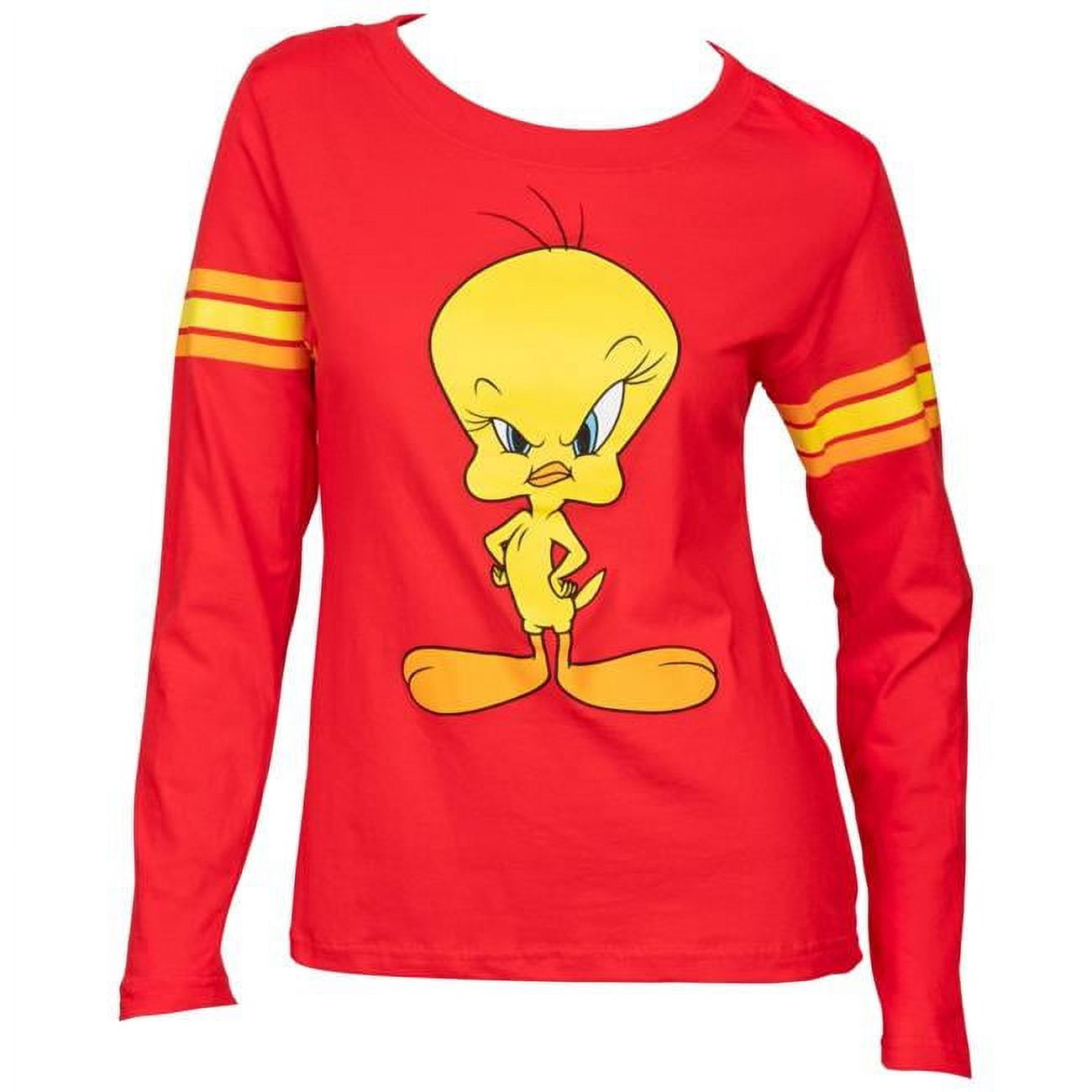 Long Tweety T-Shirt-Large Looney Tunes Sleeve Bird Frustration Face Juniors