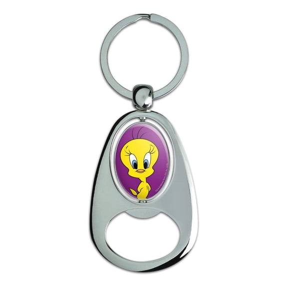 Looney Tunes Tweety Bird Keychain Chrome Metal Spinning Oval Bottle Opener