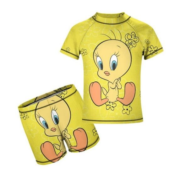 Looney Tunes Tweety Boys 2-Piece Swimsuit Set, Short Sleeve Rash Guard & Swim Trunks