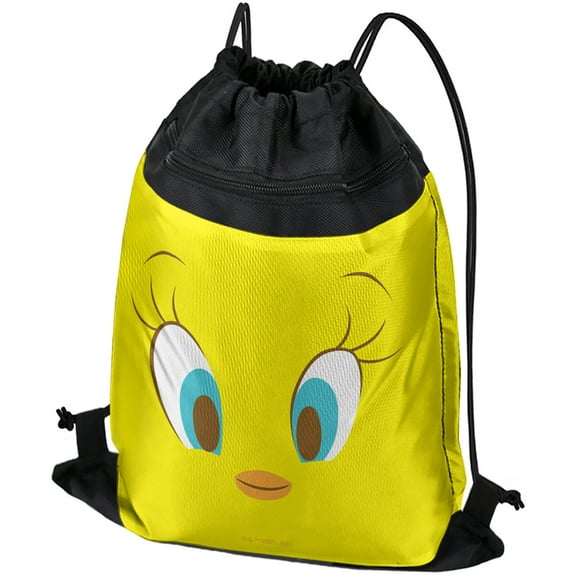Looney Tunes Tweety Face Drawstring Backpack Sports Bag Sackpack 17" x 13", Perfect for Gym, Yoga or Practice