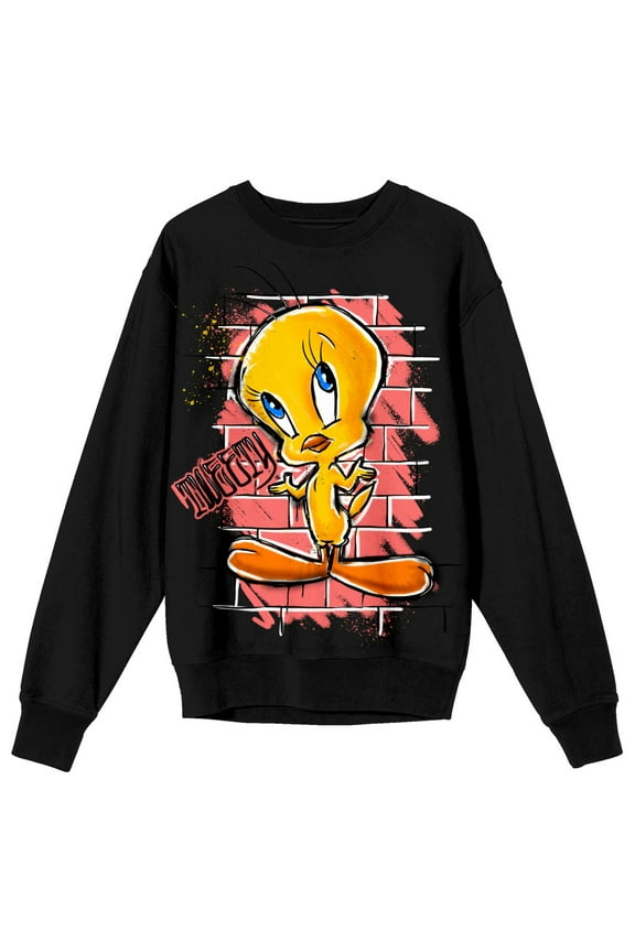 Looney Tunes Tweety & Graffiti On Brick Wall Crew Neck Long Sleeve Women's Black Tee-Large