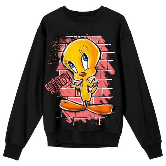 Looney Tunes Tweety & Graffiti On Brick Wall Crew Neck Long Sleeve Women's Black Tee-Small