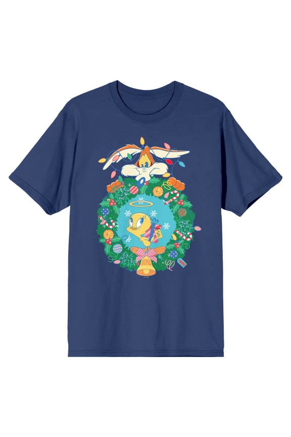 Looney Tunes Tweety Wreath Art Crew Neck Short Sleeve Navy Blue Women's T-shirt-3XL