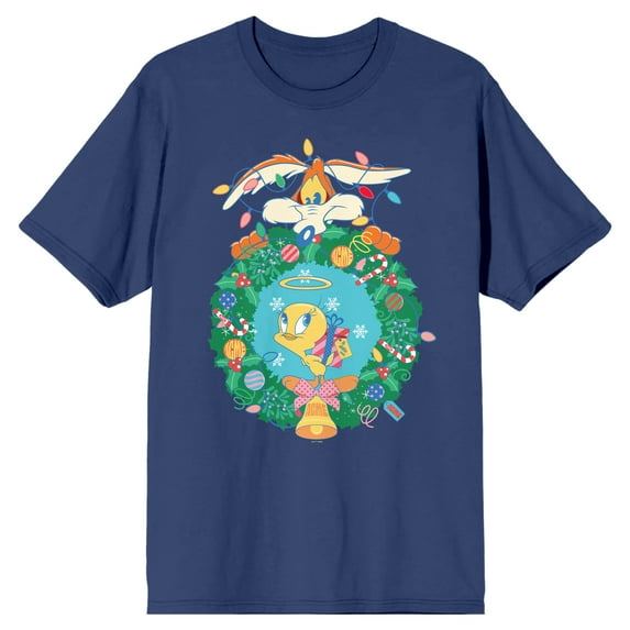 Looney Tunes Tweety Wreath Art Crew Neck Short Sleeve Navy Blue Women's T-shirt-Large