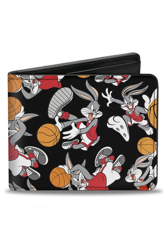 Looney Tunes Wallet, Bifold, Bugs Bunny Basketball Poses Scattered Black, Vegan Leather