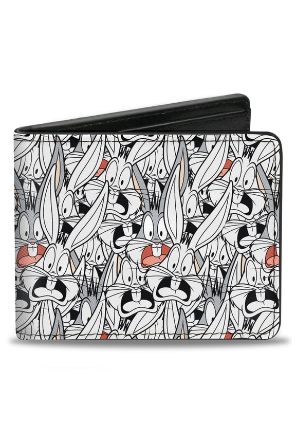 Looney Tunes Wallet, Bifold, Bugs Bunny Expressions Stacked White Black Gray, Vegan Leather