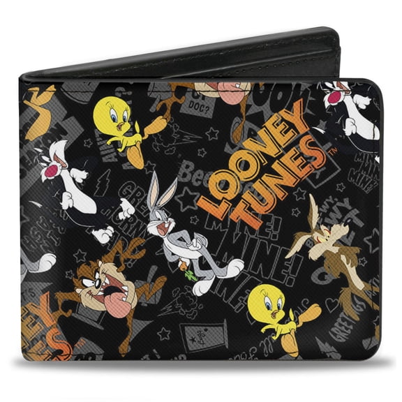 Looney Tunes Wallet, Bifold, Looney Tunes Character Poses Scattered Black Gray Oranges, Vegan Leather
