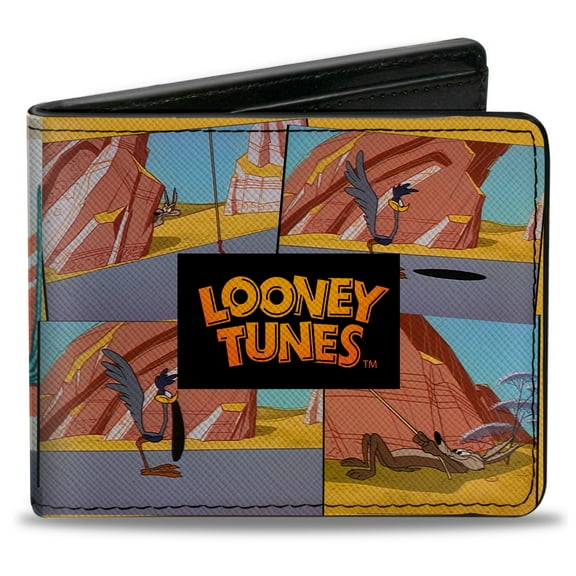 Looney Tunes Wallet, Bifold, Looney Tunes Wile E Coyote and Road Runner Scene Blocks, Vegan Leather